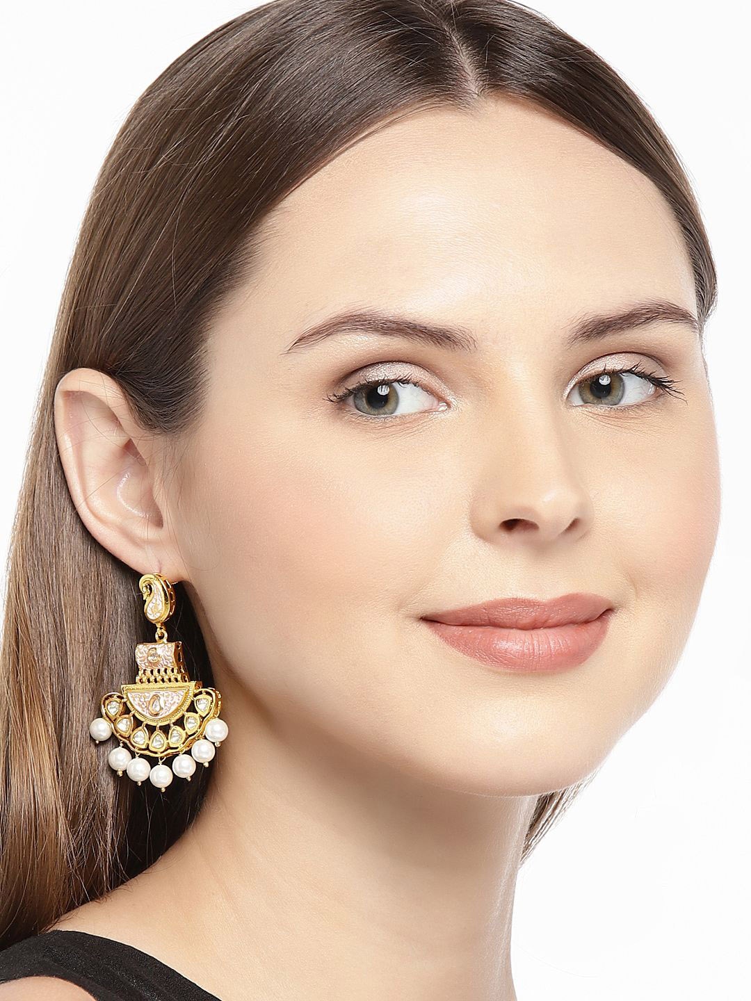 

House of Pataudi Gold-Plated Kundan Studded Crescent Shaped Shaped Drop Earrings