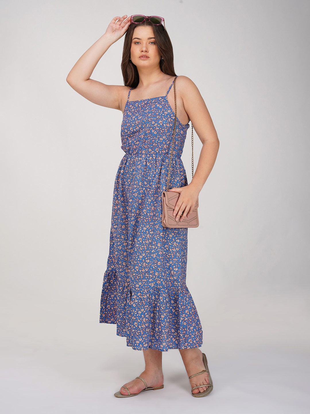 

Street22 Women Floral Printed Shoulder Straps Midi Fit & Flare Dress, Blue