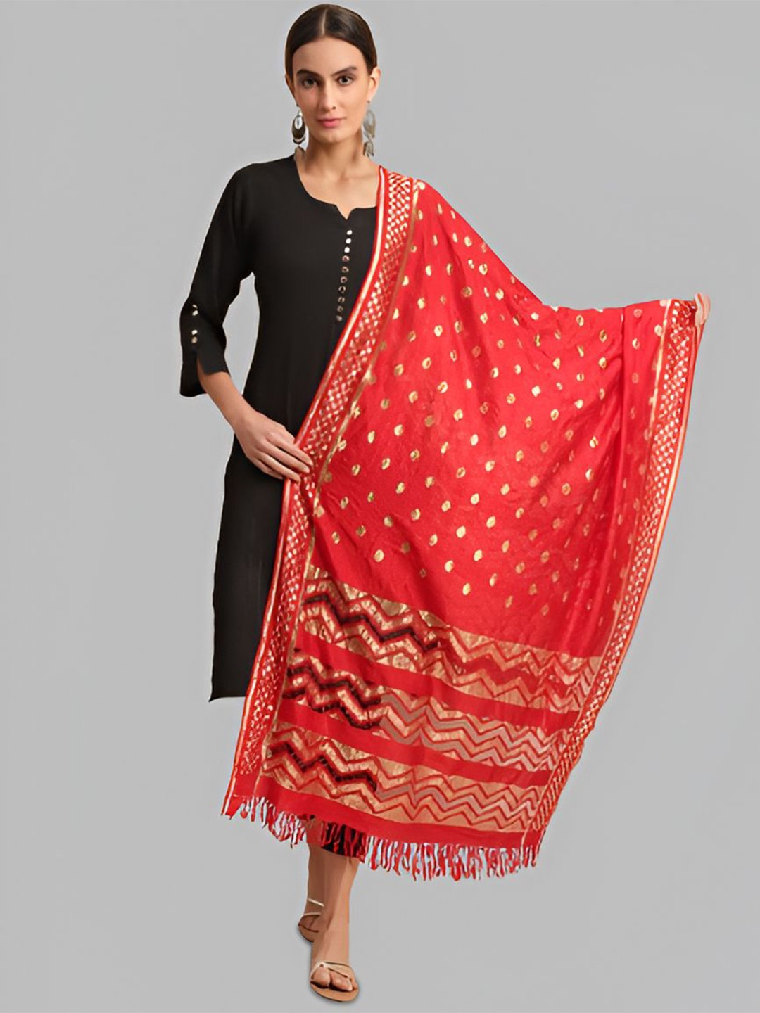 

LOOM LEGACY Polka Dots Woven Design Dupatta, Red