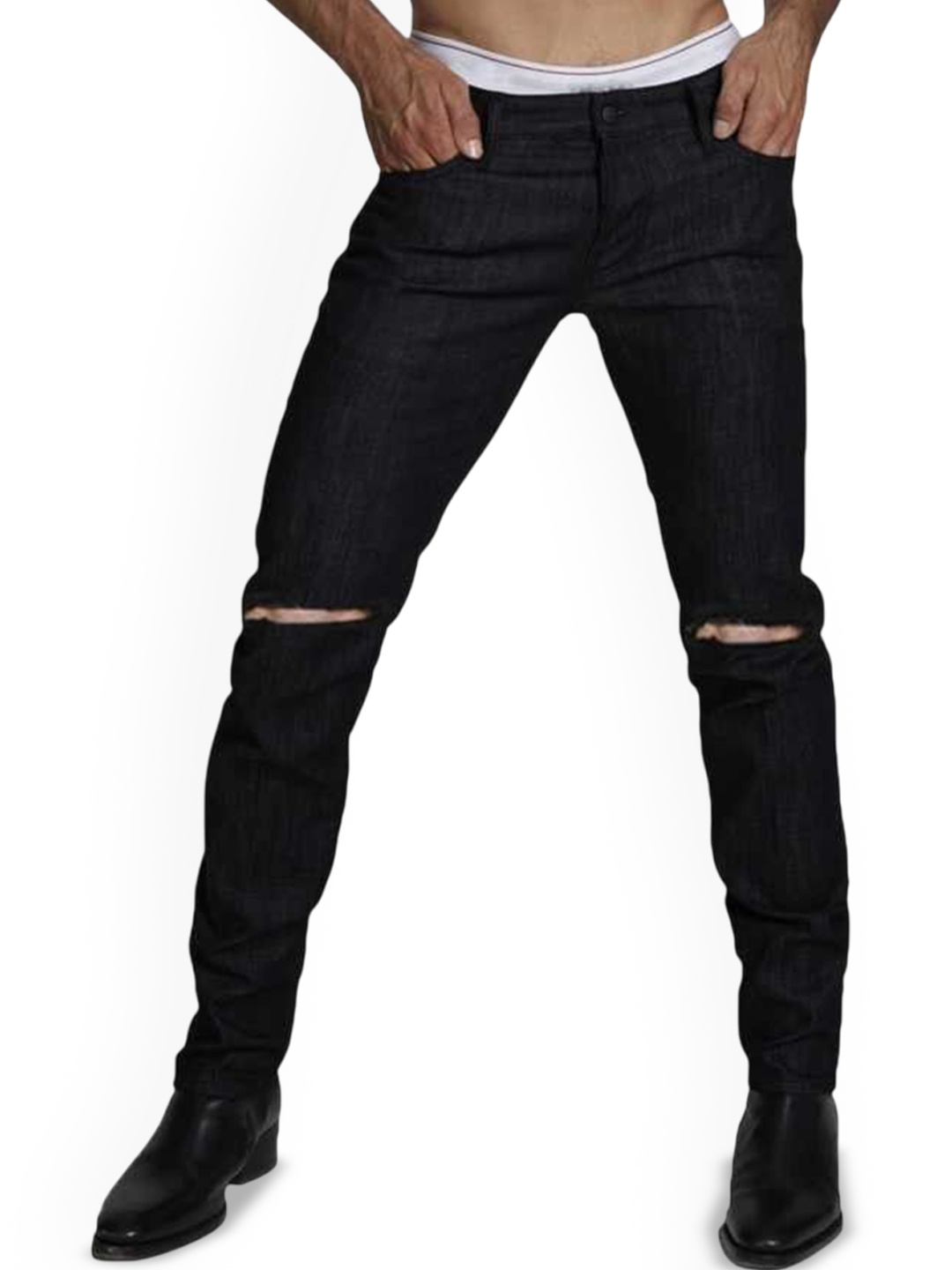 

LINARIA Men Classic Slim Fit Slash Knee Jeans, Black