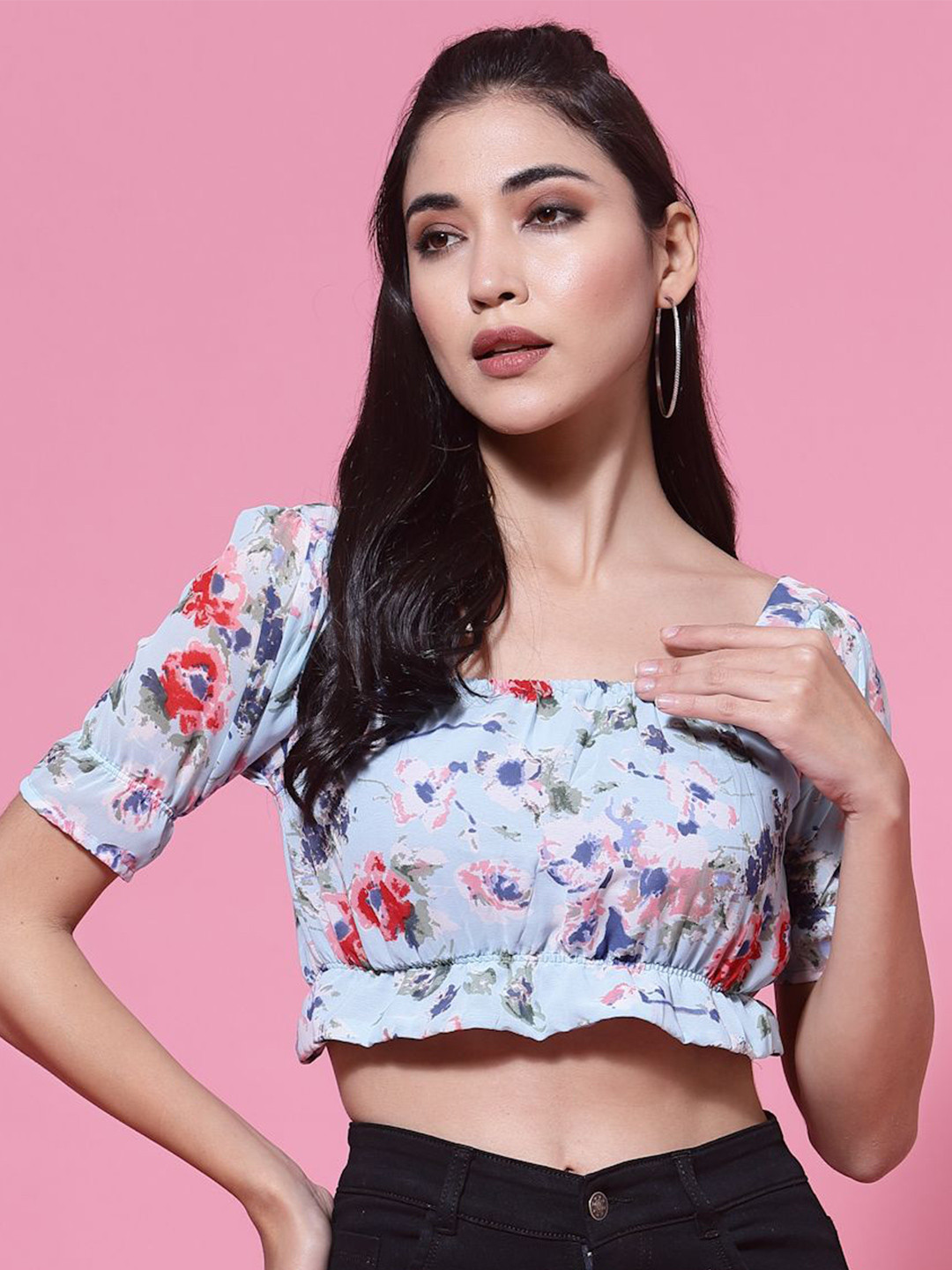 

DressBerry Women Floral Print Puff Sleeve Crop Top, Blue