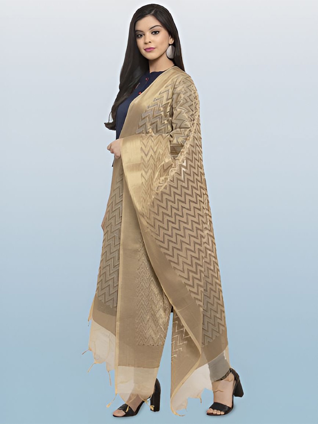 

LOOM LEGACY Chevron Printed Jacquard Dupatta, Gold