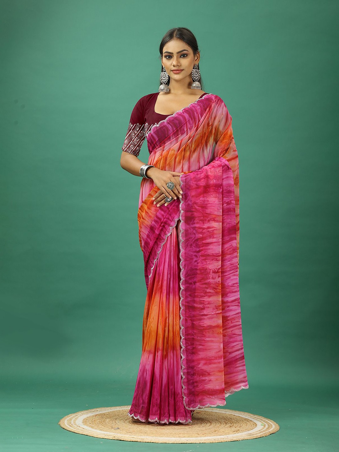 

VIRENDRA TEXTILES Tie and Dye Embellished Sequinned Pure Georgette Saree, Orange