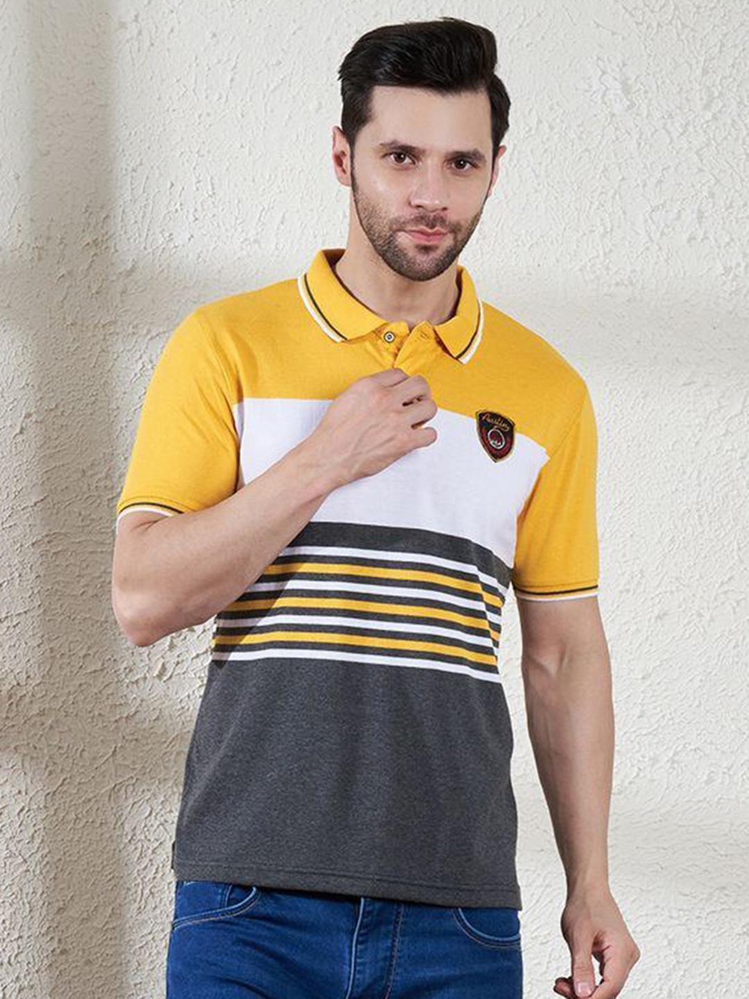 

Austin wood Men Striped Polo Collar Pockets T-shirt, Yellow