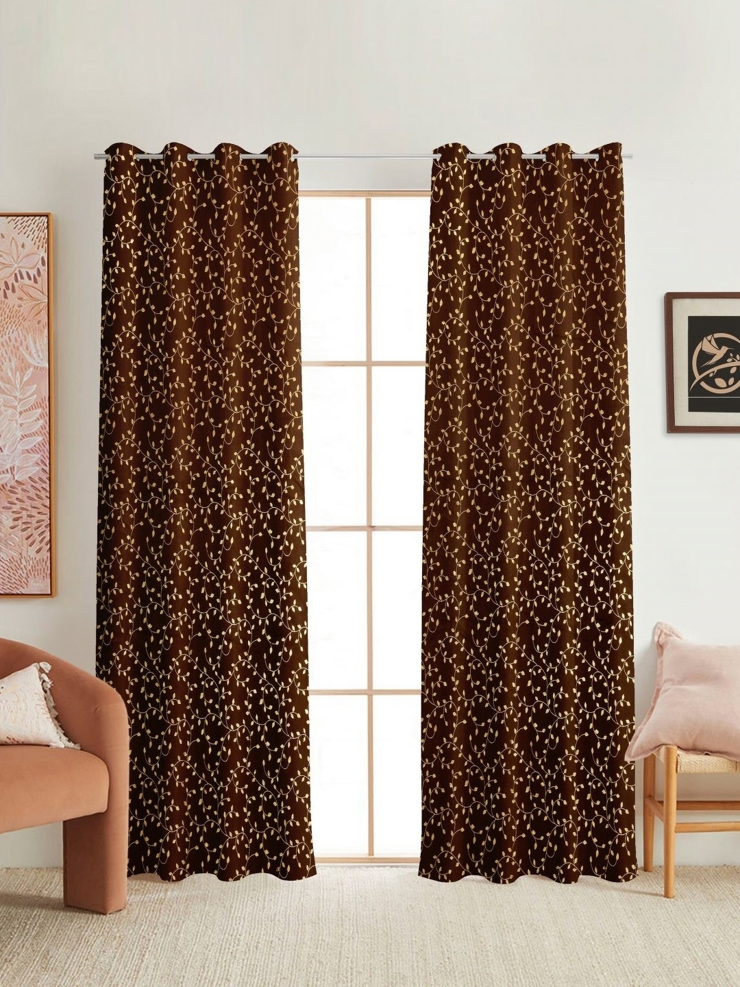 

Galaxy Home Decor Brown & Gold Toned 2 Pieces Floral Printed Room Darkening Window Curtain