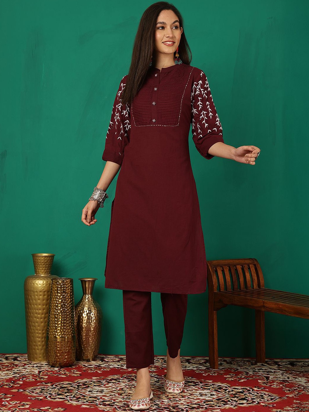 

Sangria Embroidered Mandarin Collar Pure Cotton Straight Kurta With Trouser, Maroon