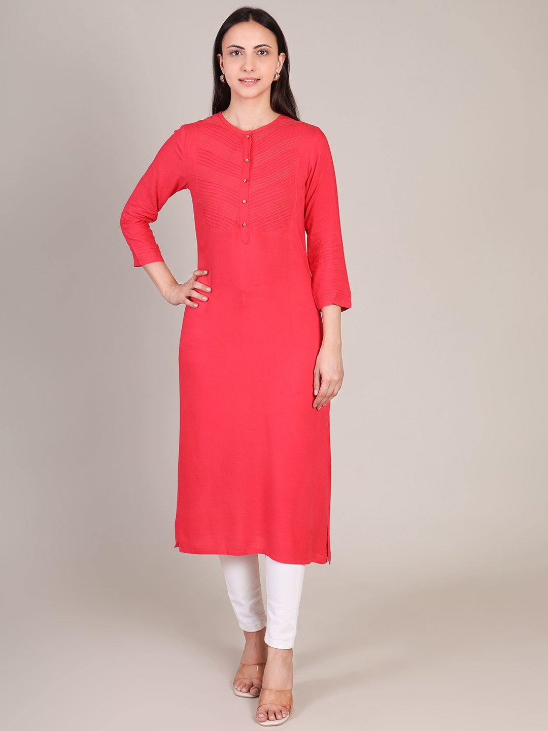 

DELIS Self Design Round Neck Straight Kurta, Red