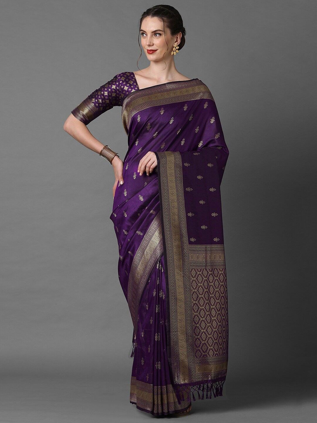 

SILKWEAR Ethnic Motifs Zari Pure Silk Banarasi Saree, Purple