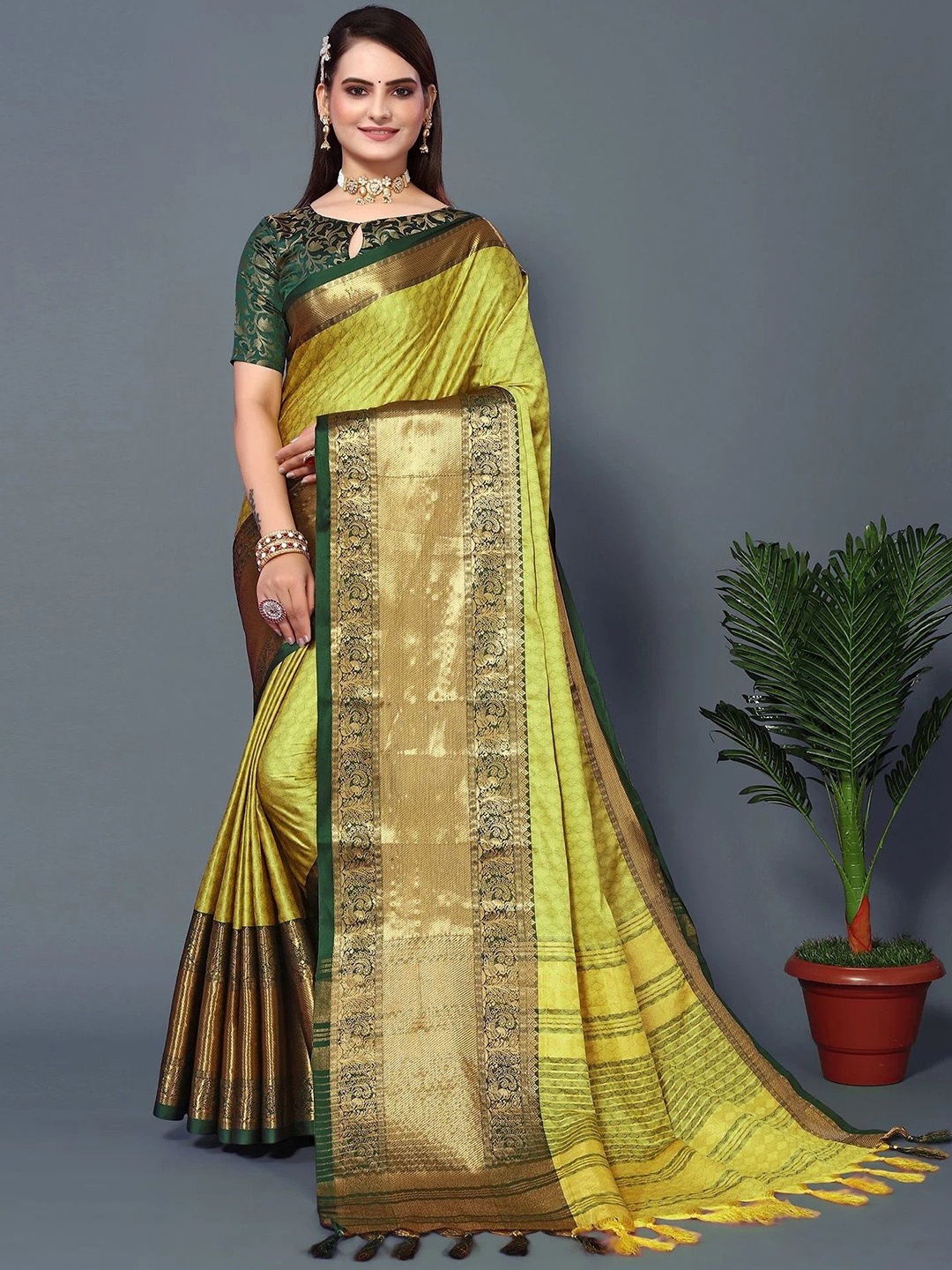 

yourwish Woven Design Printed Narayan Peth Saree, Lime green