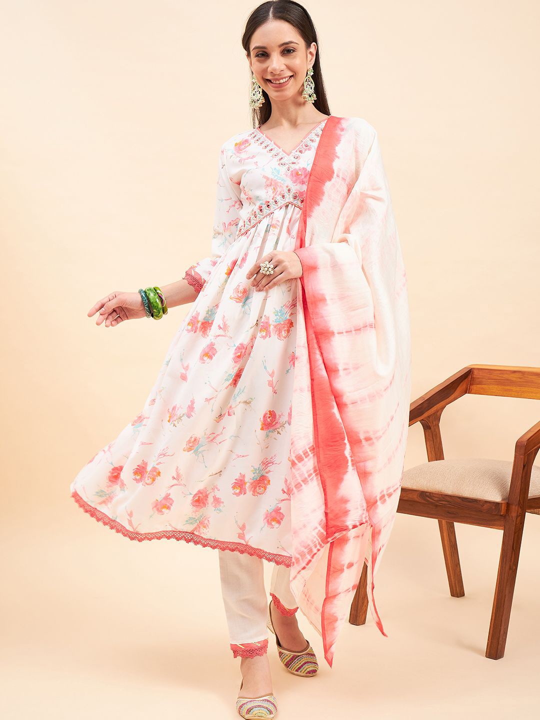 

Anouk Floral Printed Mirror Work V-Neck Anarkali Kurta With Trousers & Dupatta, White