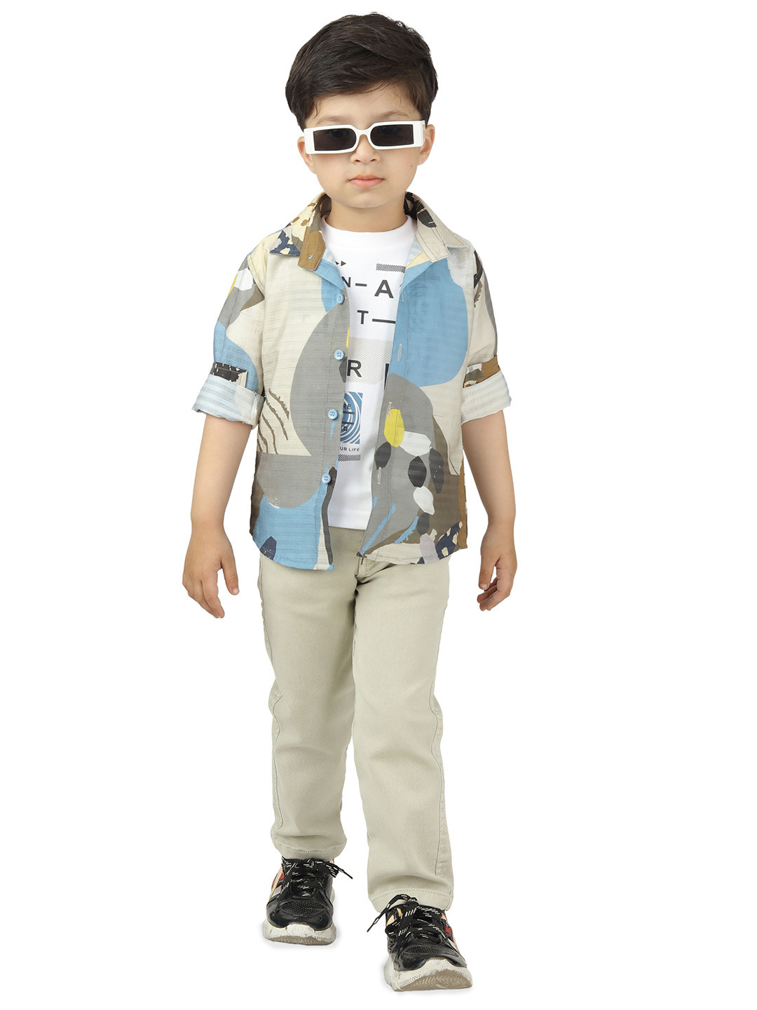 

DOTSON Boys Printed T-shirt & Shirt With Trousers, Cream