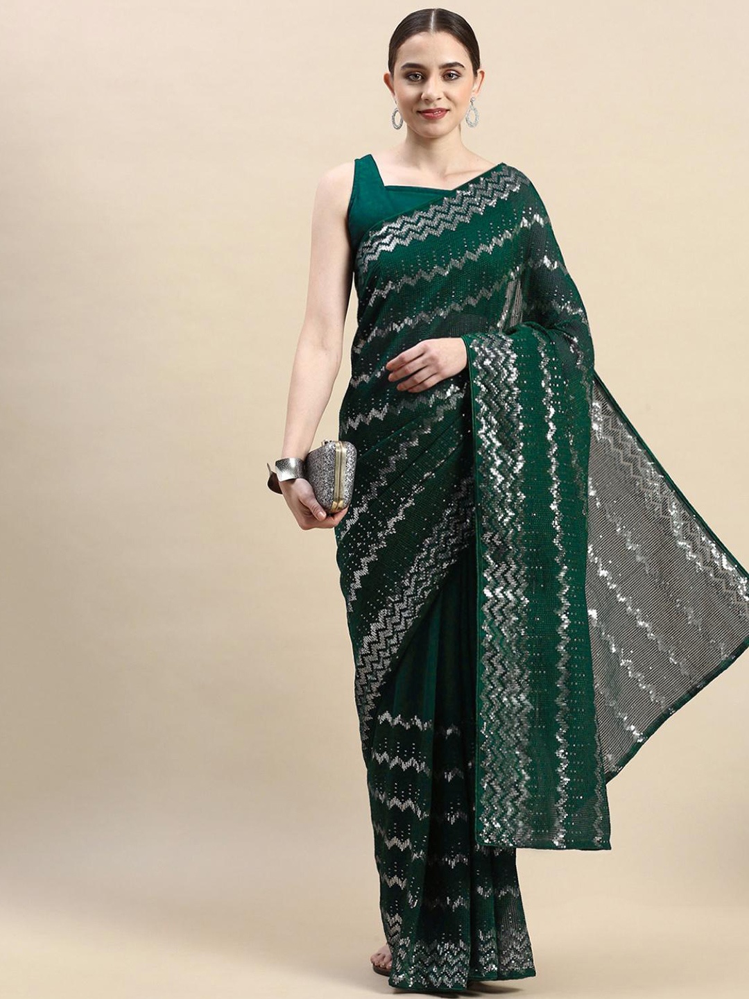 

THE52 Embellished Sequinned Pure Georgette Saree, Green