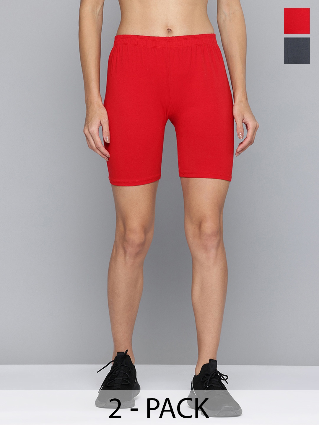 

Jinfo Women Pack Of 2 Skinny Fit Mid-Rise Cycling Sports Shorts, Red