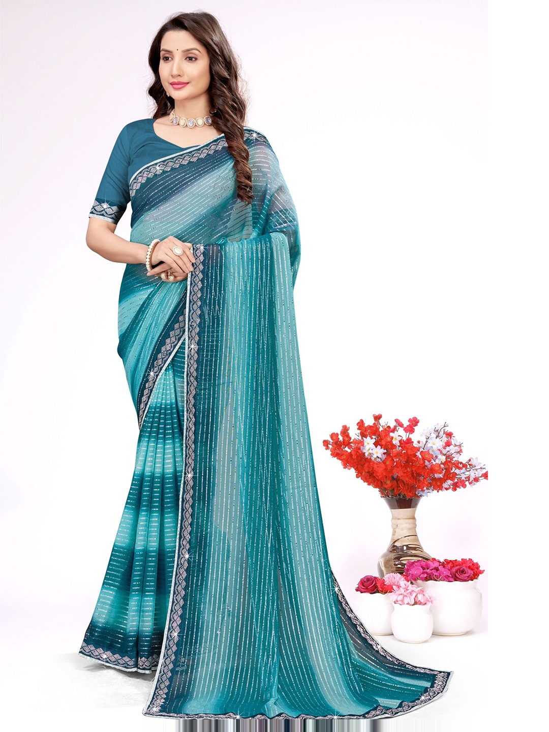 

KEERAT FASHION Embellished Beads and Stones Saree, Blue