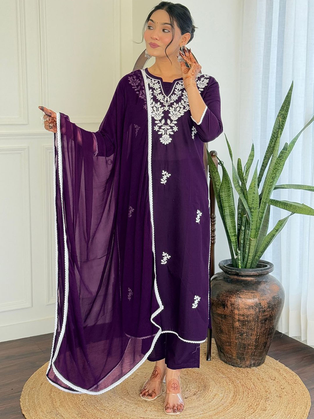 

KALINI Floral Embroidered Notch Neck Chikankari Pure Cotton Kurta With Trousers & Dupatta, Purple