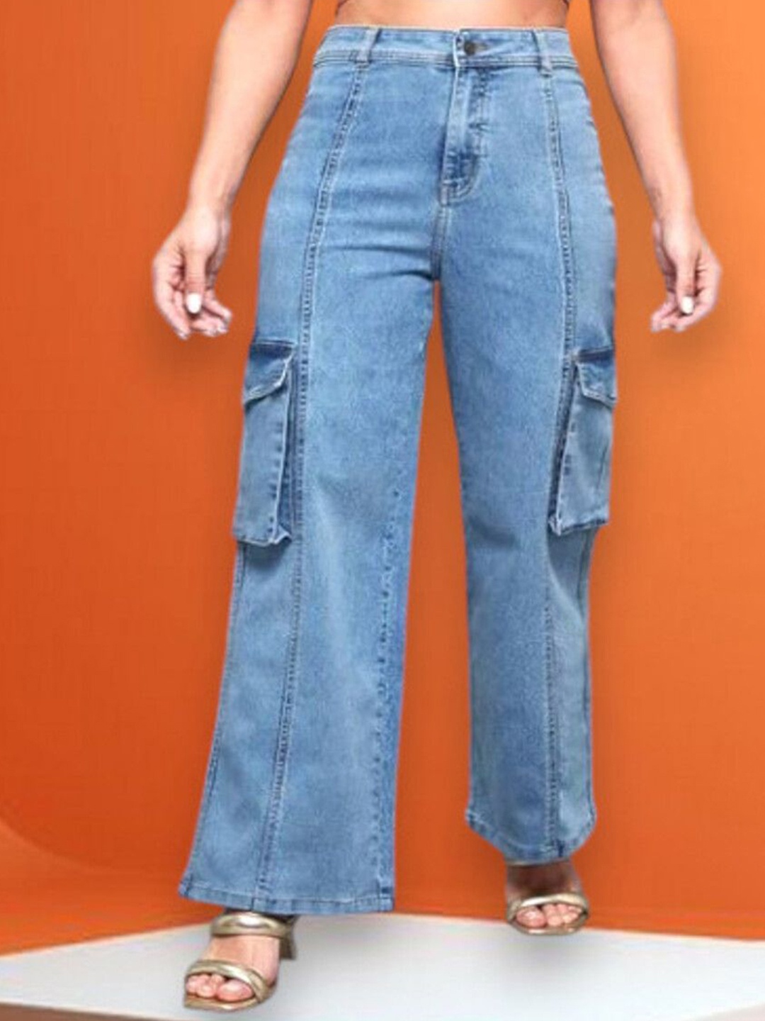 

1DAYJEANS Women High-Rise Light Fade Stretchable Cotton Cargo Jeans, Blue