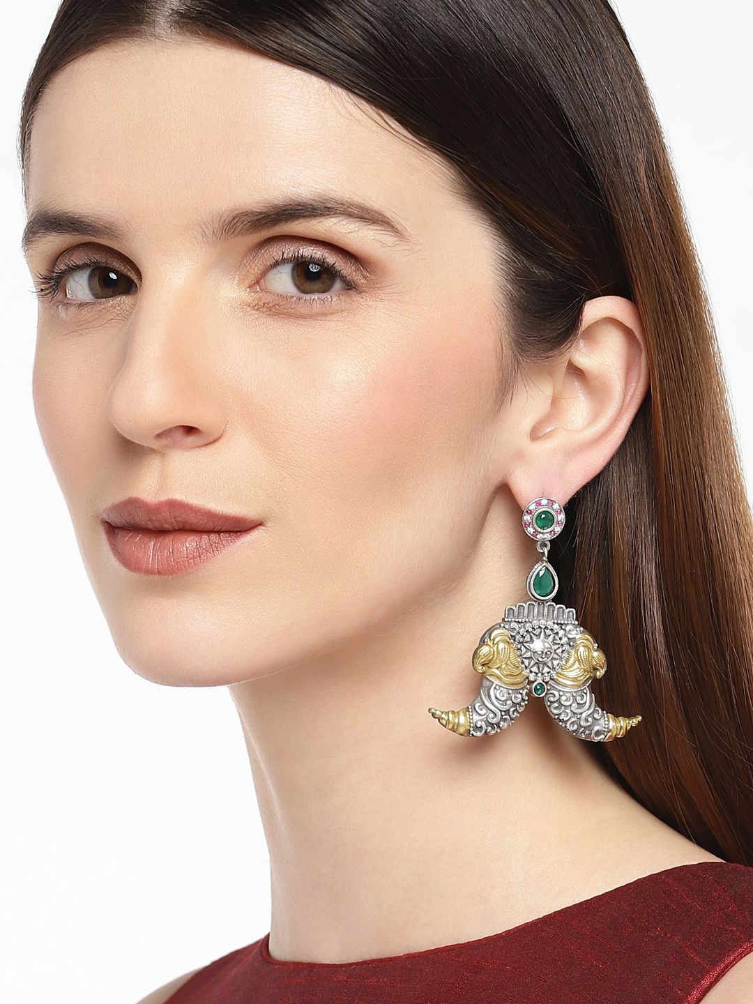

Sangria Silver-Plated Kundan Studded Contemporary Drop Earrings
