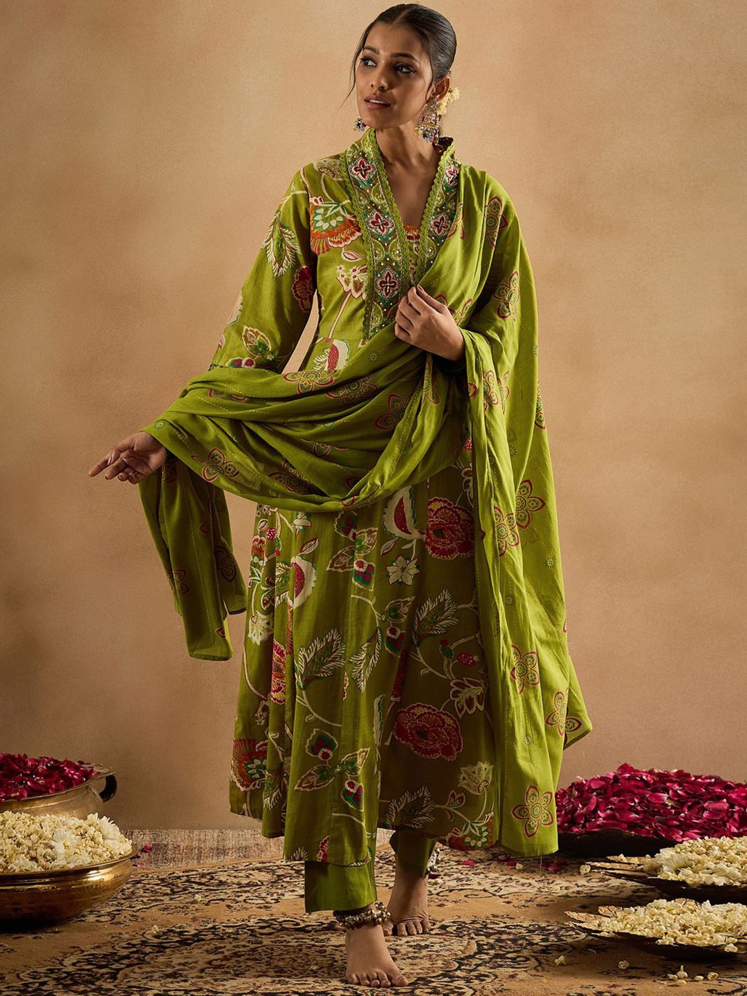 

Indo Era Floral Printed Empire Pure Cotton Anarkali Kurta With Trouser & Dupatta, Green