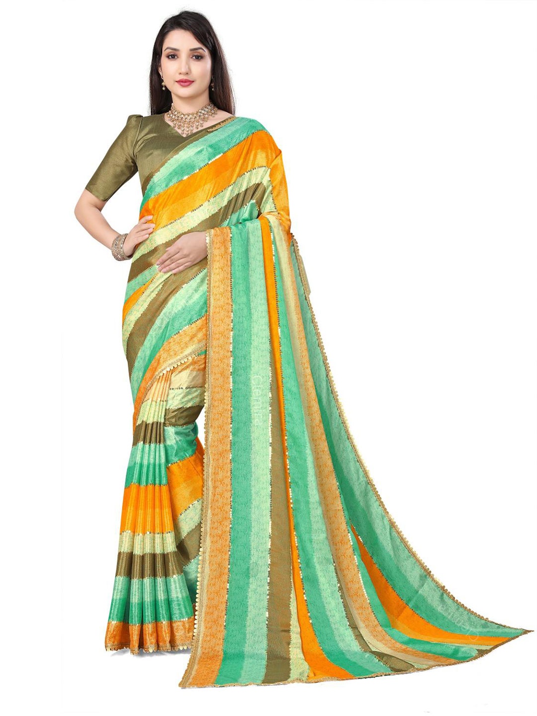 

THE52 Striped Mukaish Pure Chiffon Saree, Green