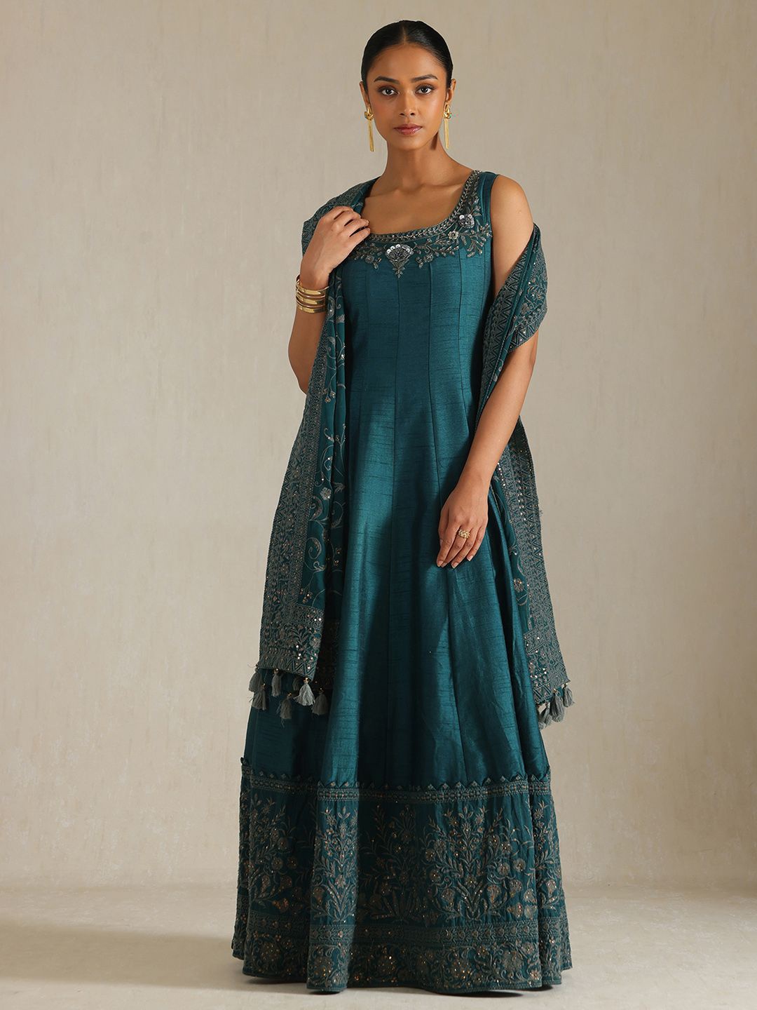 

Soch Embellished Embroidered Cold-Shoulder Fit & Flare Maxi Dress, Green