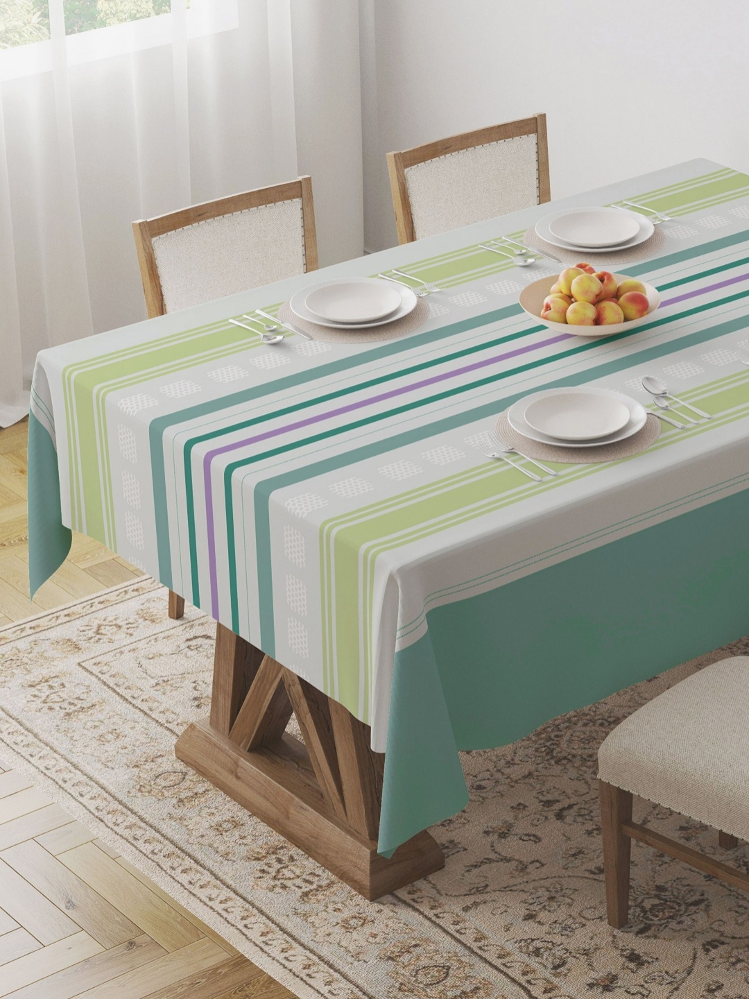 

HOME COLORS.IN White Striped 4-Seater 1.83 m x 1.53 m Cotton Table Cover, Green