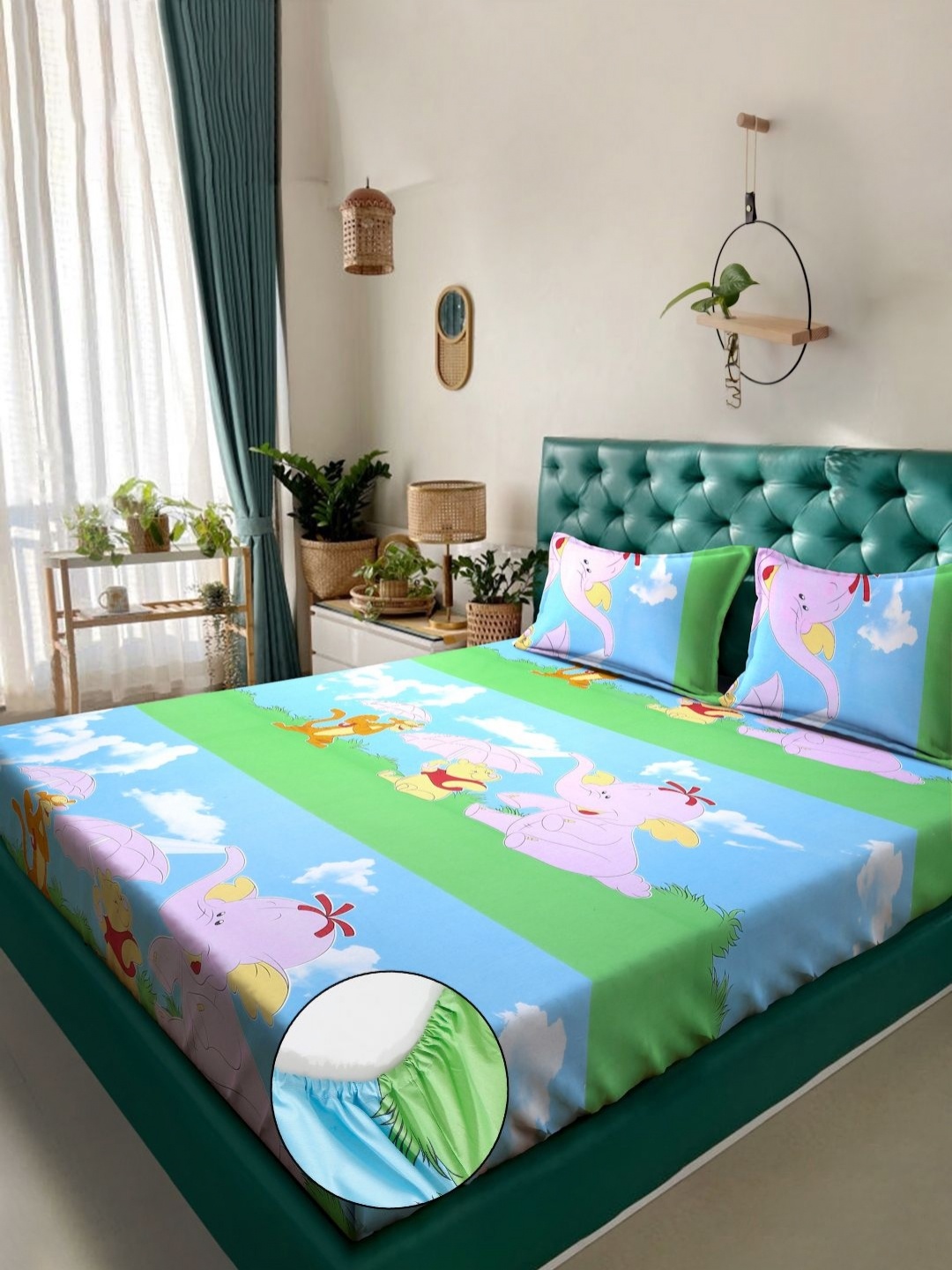 

KLOTTHE Blue & Green Printed Pure Cotton 400 TC Double Bedsheet Set 2.5 m x 2.25 m