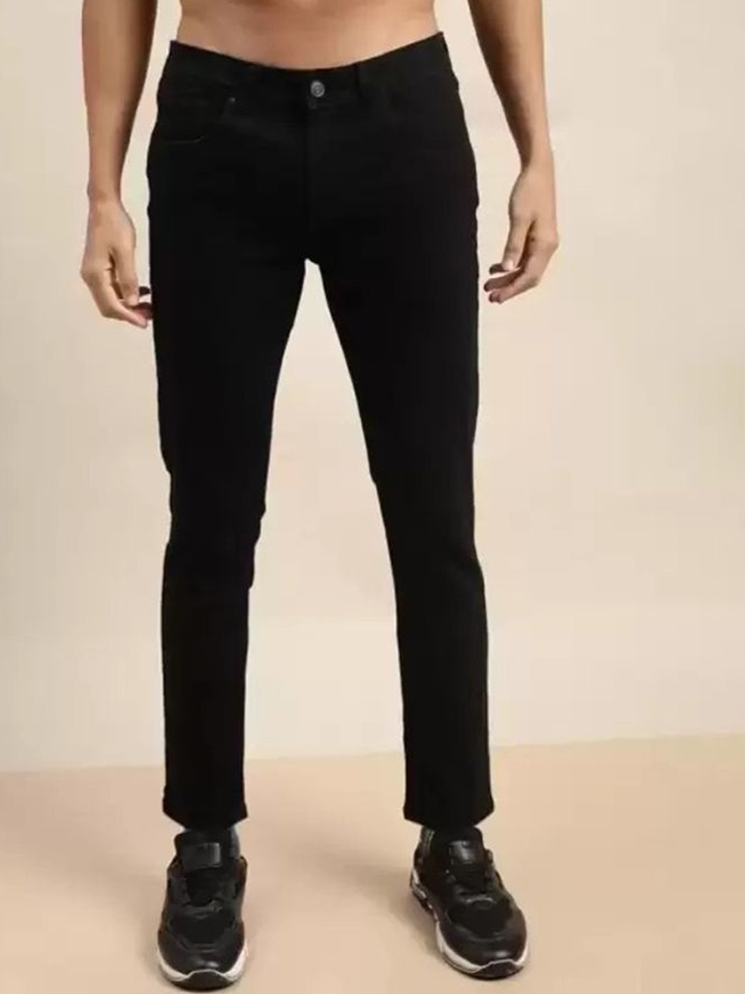 

LINARIA Men Cotton Classic Tapered Fit Slash Knee Stretchable Jeans, Black