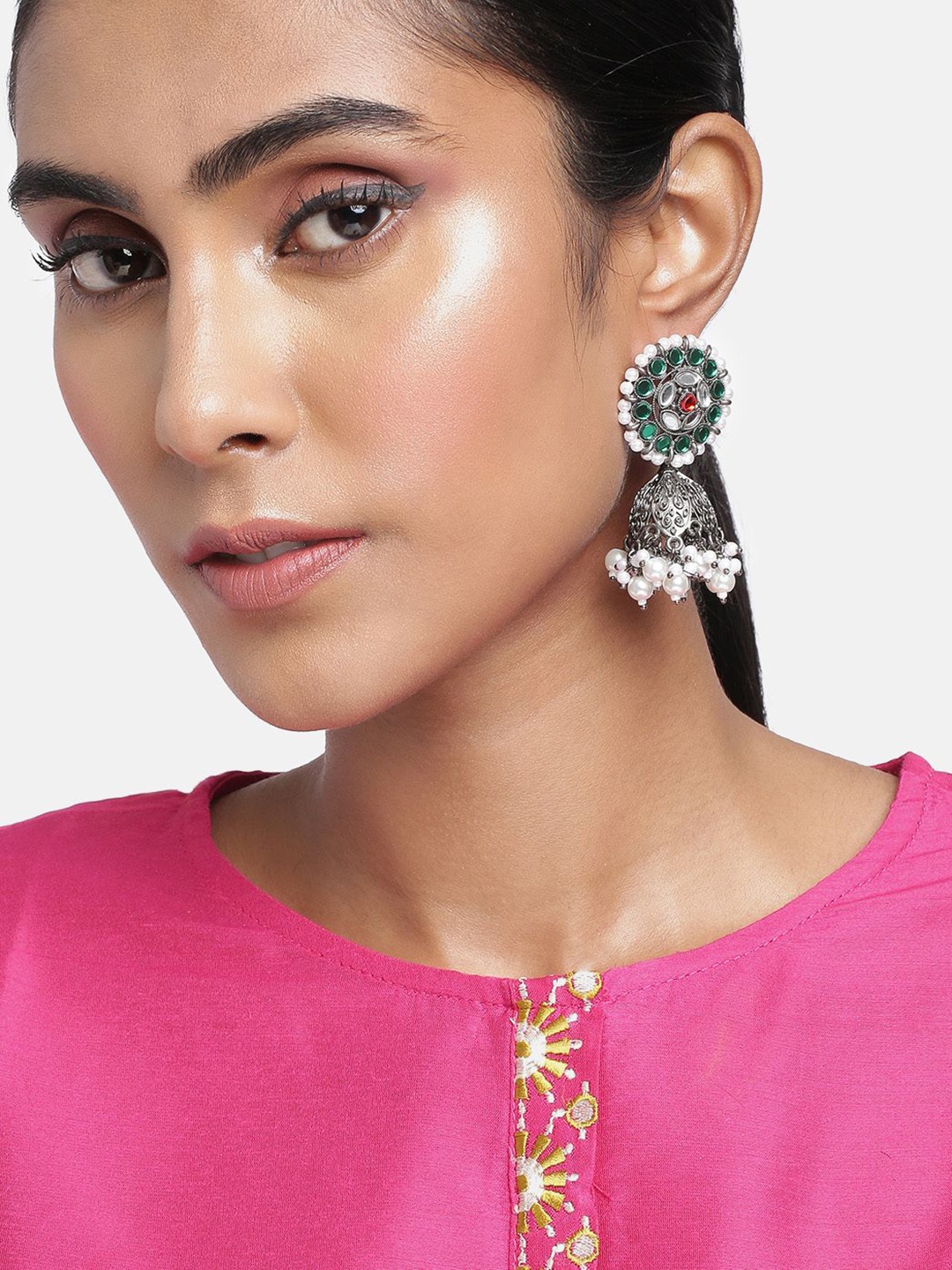 

Sangria Silver-Plated Artificial Stones Studded & Beaded Dome Shaped Jhumkas