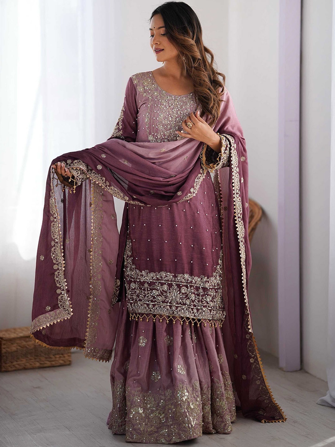 

KALINI Floral Embroidered Straight Kurta with Sharara & Dupatta, Silver