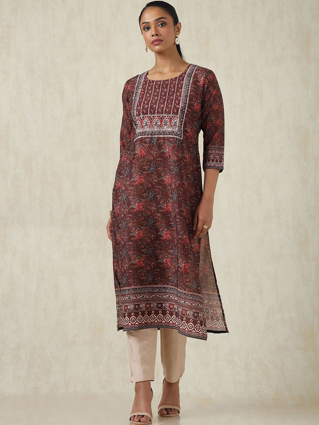

Soch Floral Printed Round Neck Straight Kurta, Brown