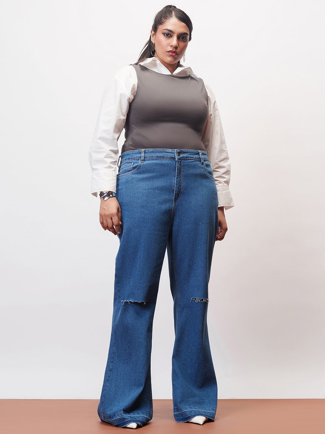 

FREAKINS Women Bootcut High-Rise Slash Knee Jeans, Blue