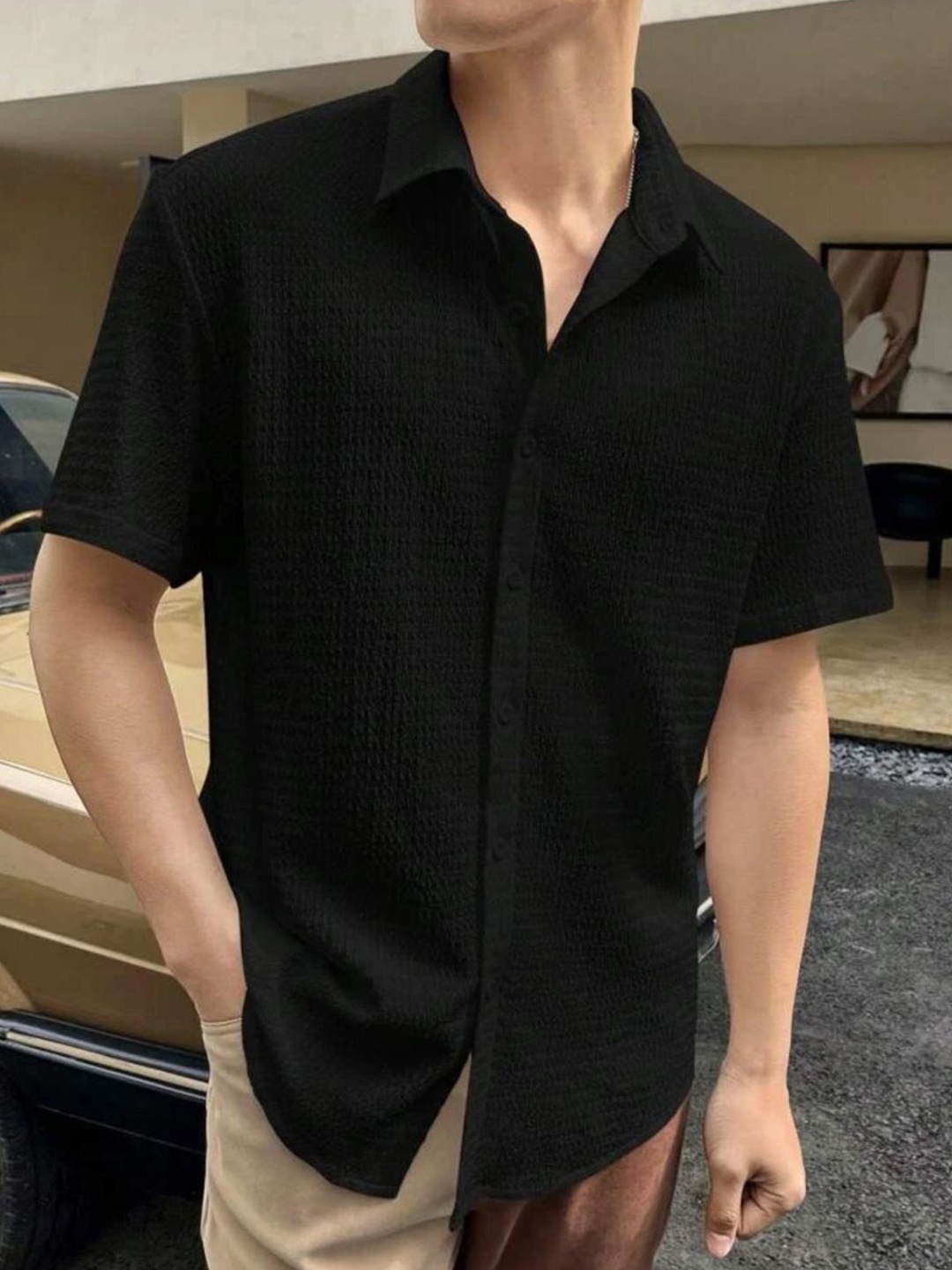 

Metronaut Men Regular Fit Spread Collar Textured Casual Shirt, Black