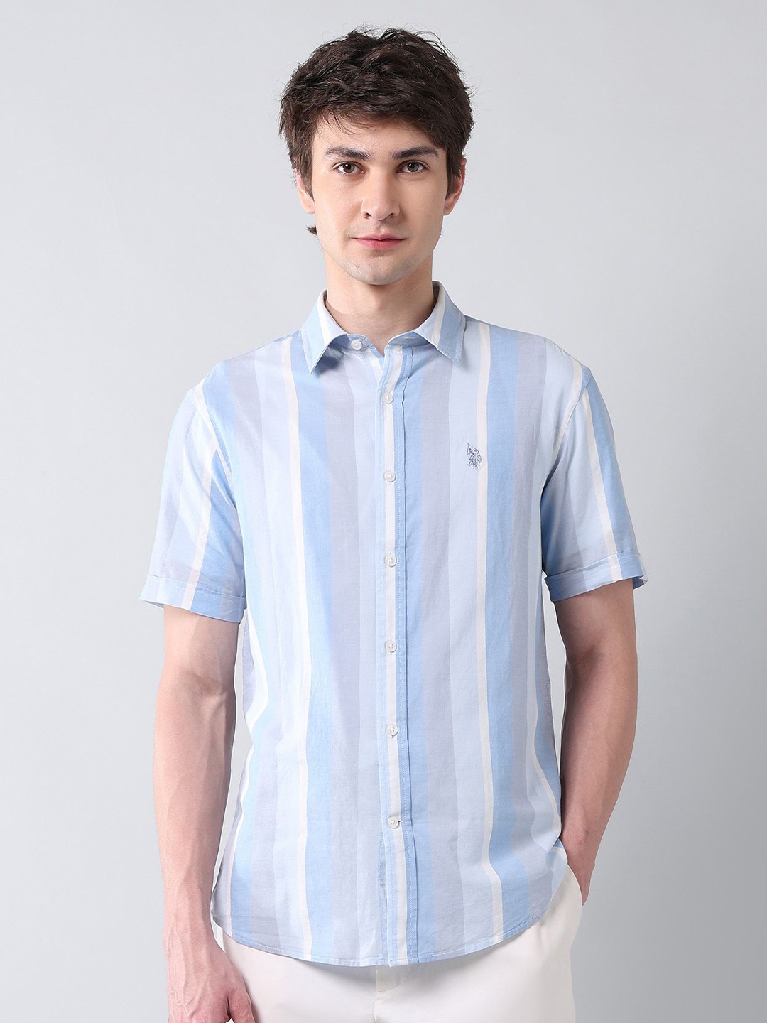 

U.S. Polo Assn. Men Classic Tailored Fit Vertical Striped Cotton Casual Shirt, Blue