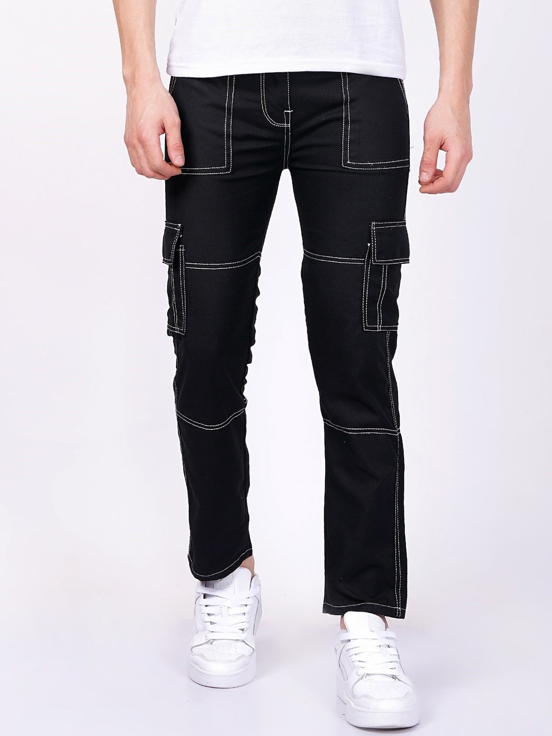 

LINARIA Men Cotton Classic Slim Fit Mid-Rise Cargo Styles Jeans, Black