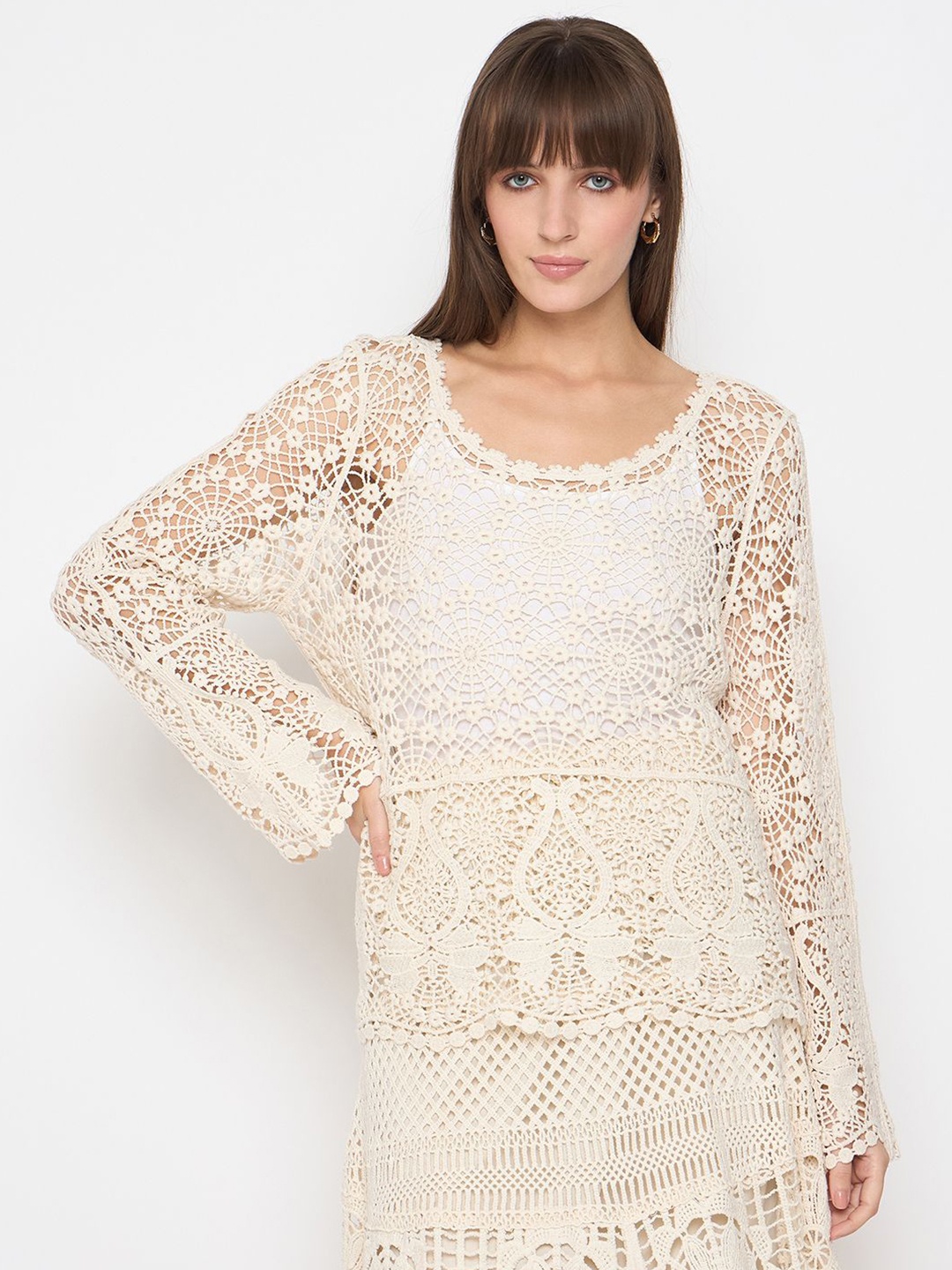 

Madame Women Self Design Round Neck A-Line Top, Beige