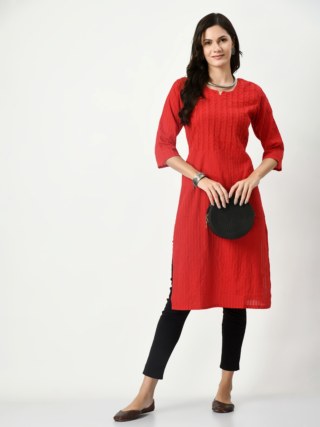 

MAURYA Beads & Stones Pin Tucks Notch Neck Pure Cotton Straight Kurta, Red