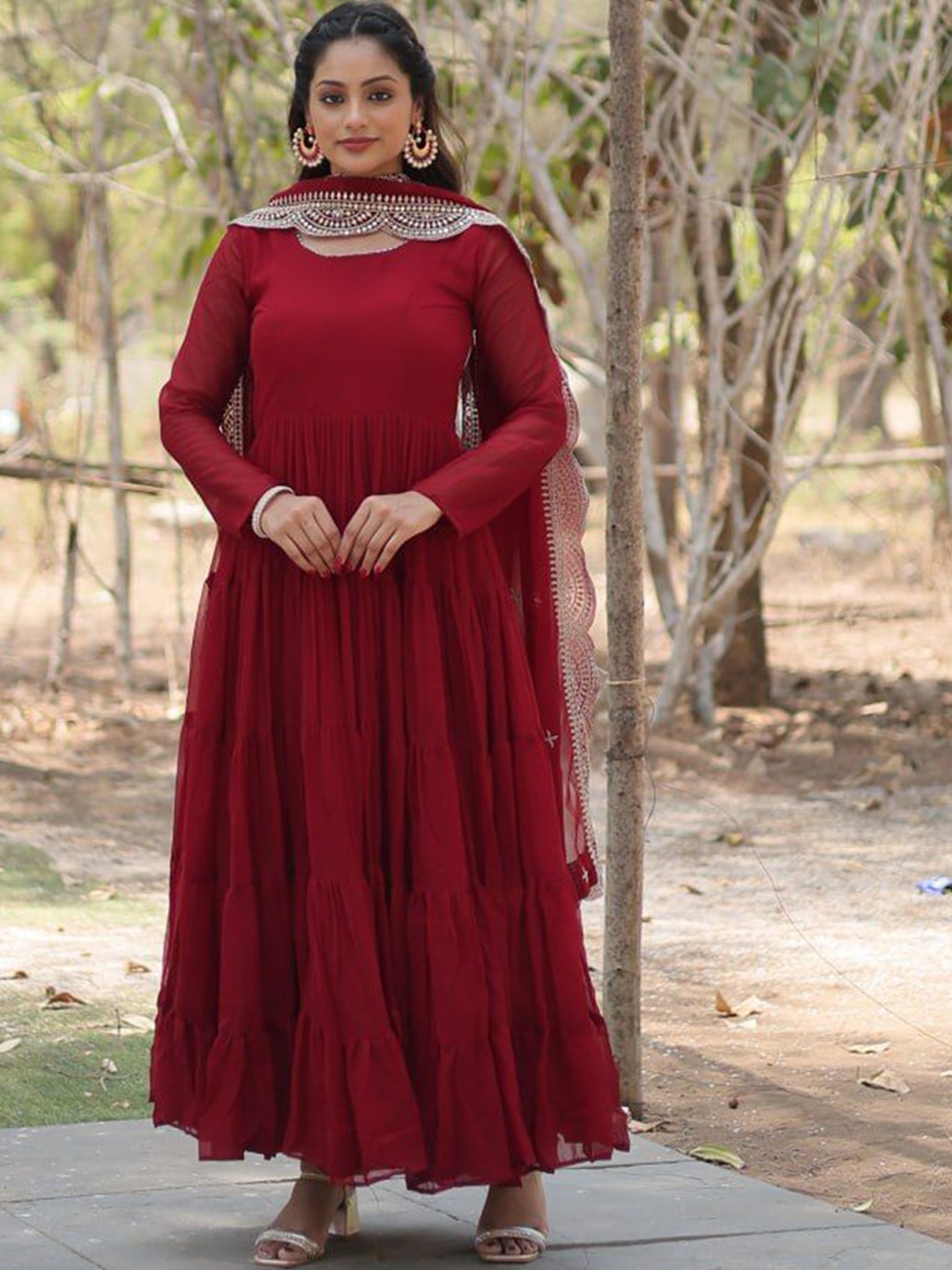 

ZIBLON Women Embroidered Ethnic Dress with Dupatta, Maroon