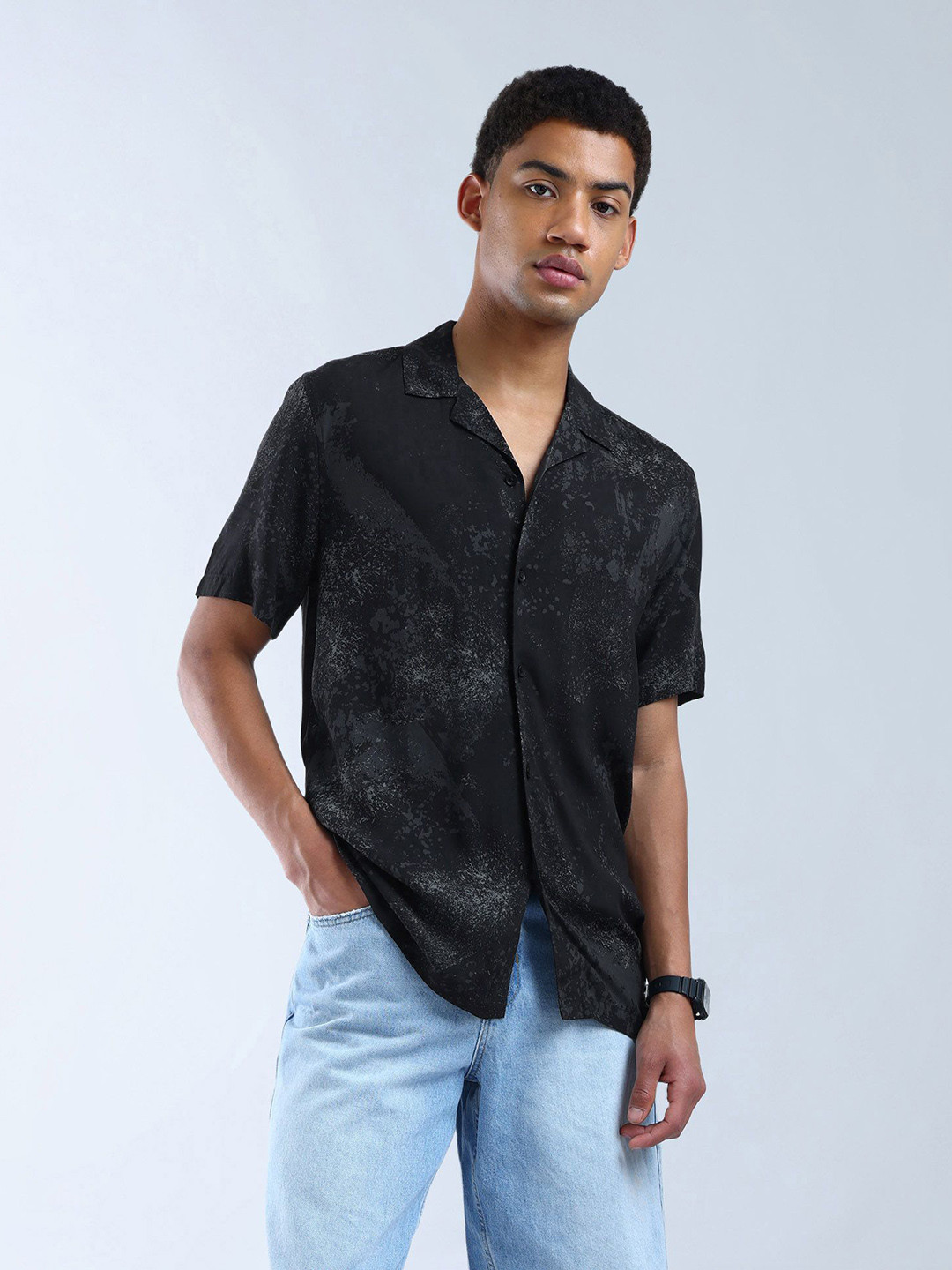 

Flying Machine Men Classic Regular Fit Cuban Collar Abstract Printed Casual Shirt, Black