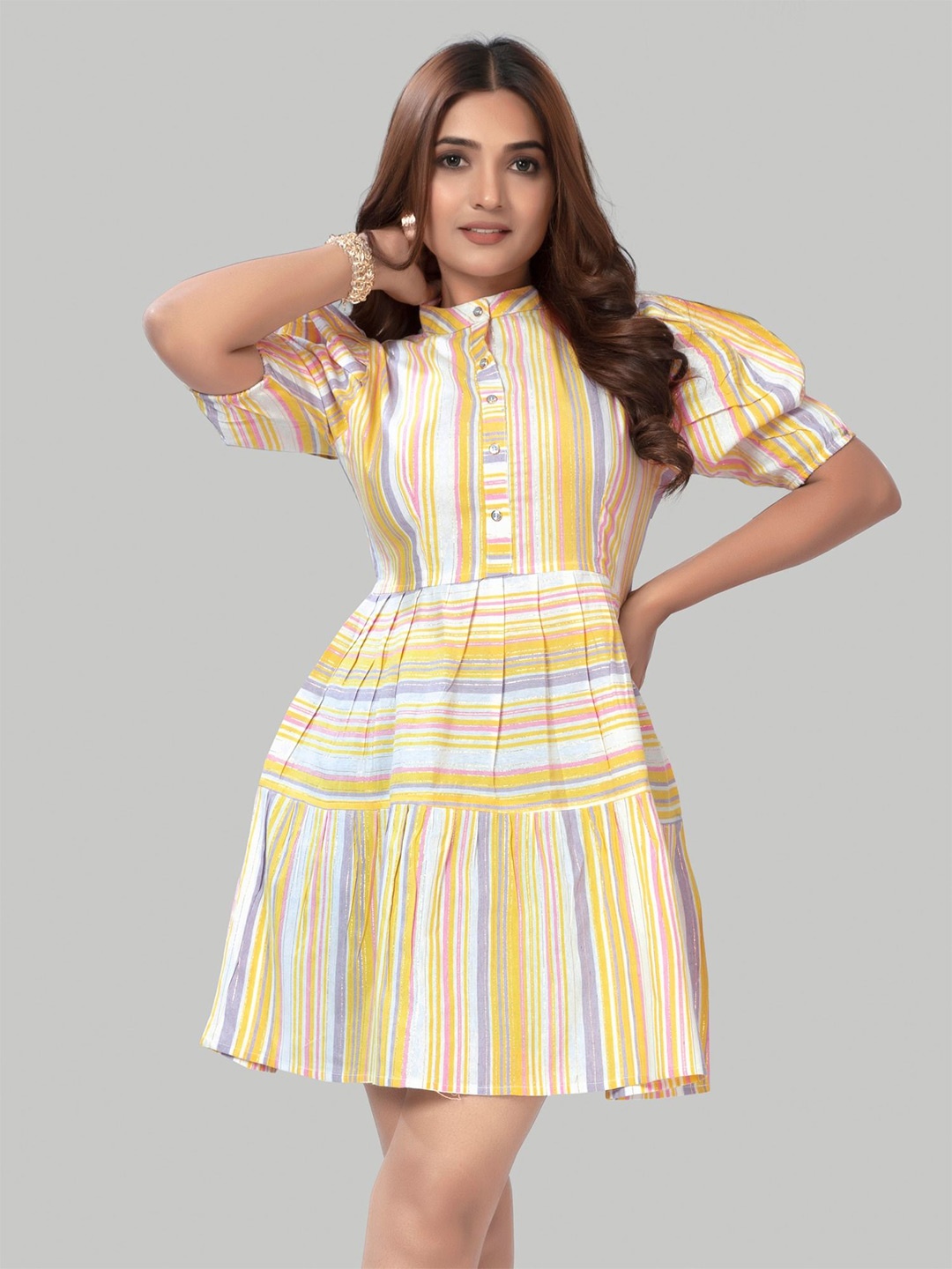 

Zelzis Women Stripe Mandarin Collar Neck Puff Sleeve Fit & Flare Dress, Yellow