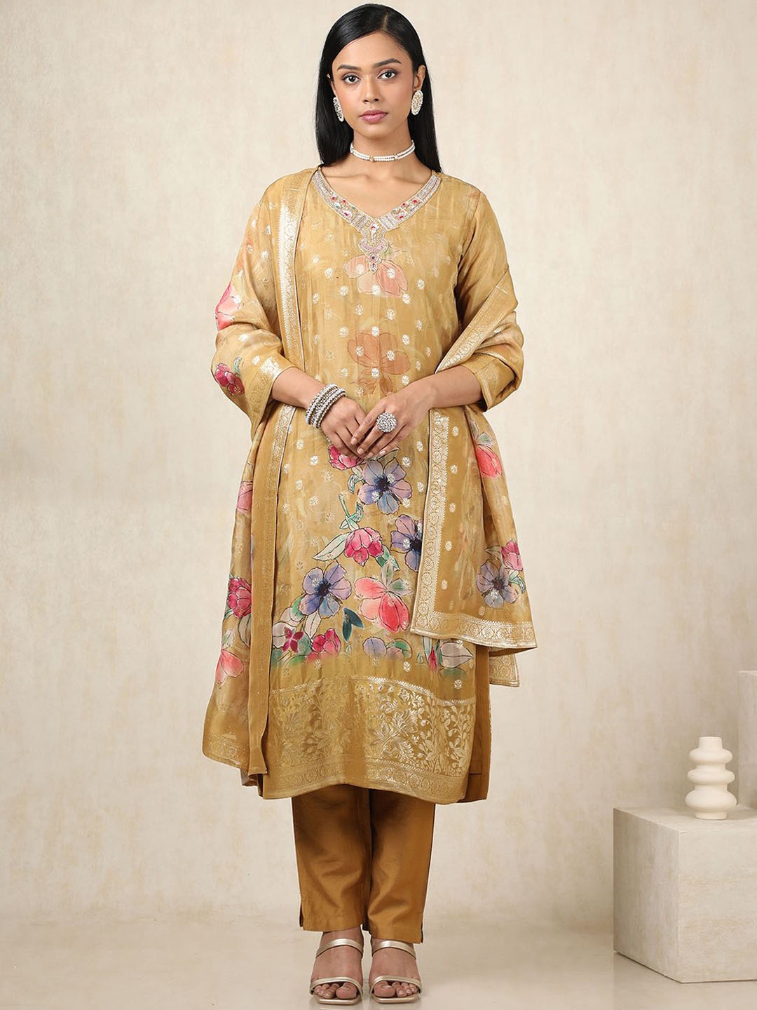 

Soch Floral Botanical Printed V-Neck Thread Work Brocade Kurta With Trousers & Dupatta, Mustard