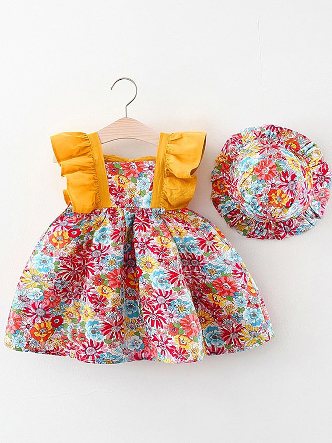 

LULU & SKY Girls Floral Printed Fit & Flare Dress With Match Hat, Yellow