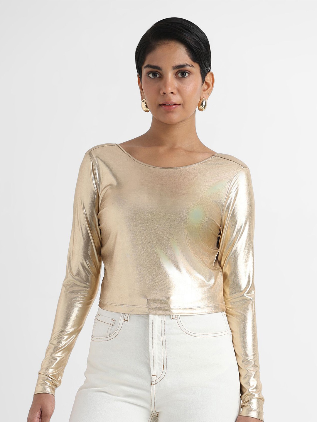 

YUVAKAA Women Round Neck Crop Top, Gold
