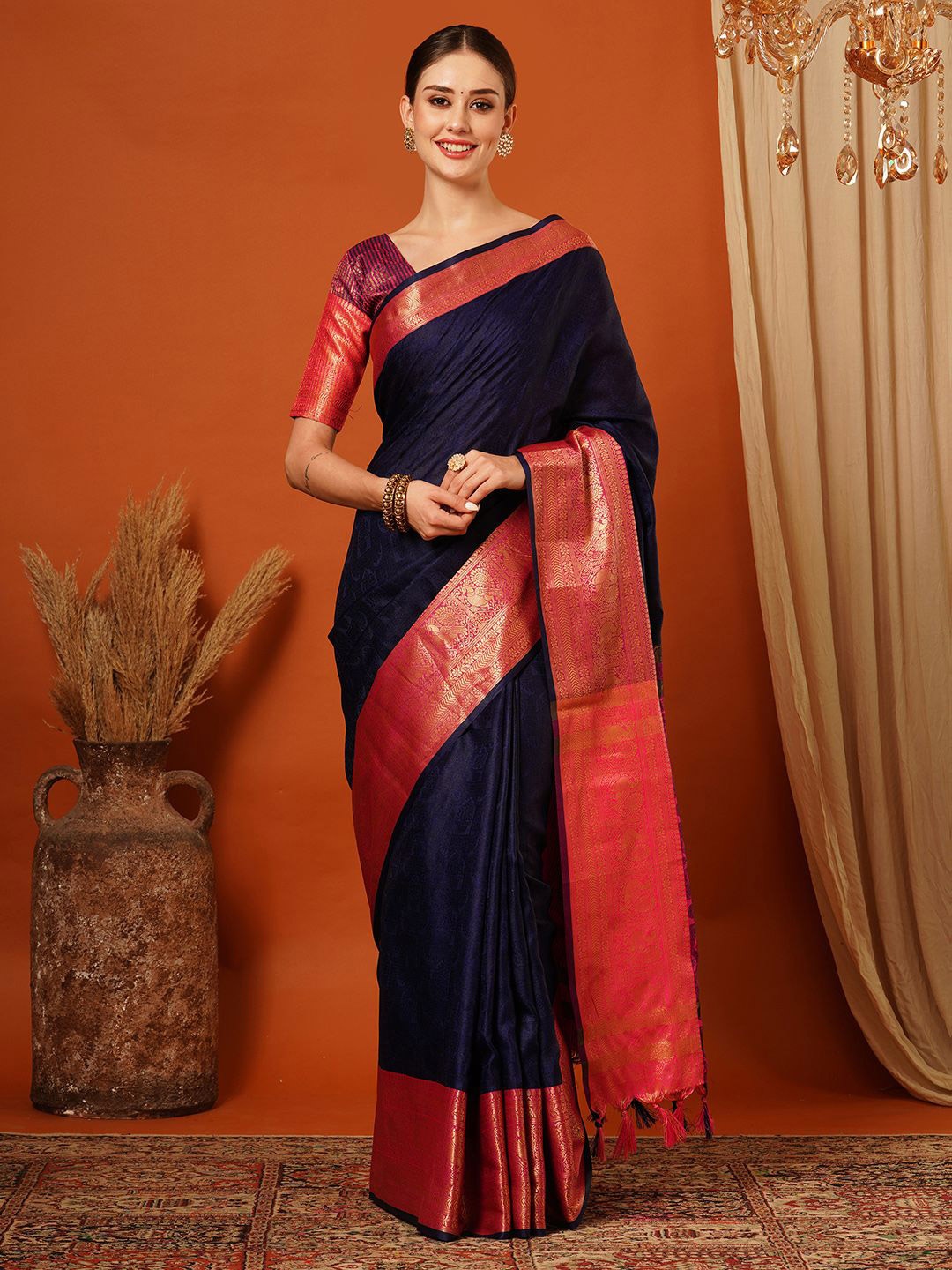 

SILKWEAR Woven Design Zari Mysore Silk Saree, Navy blue