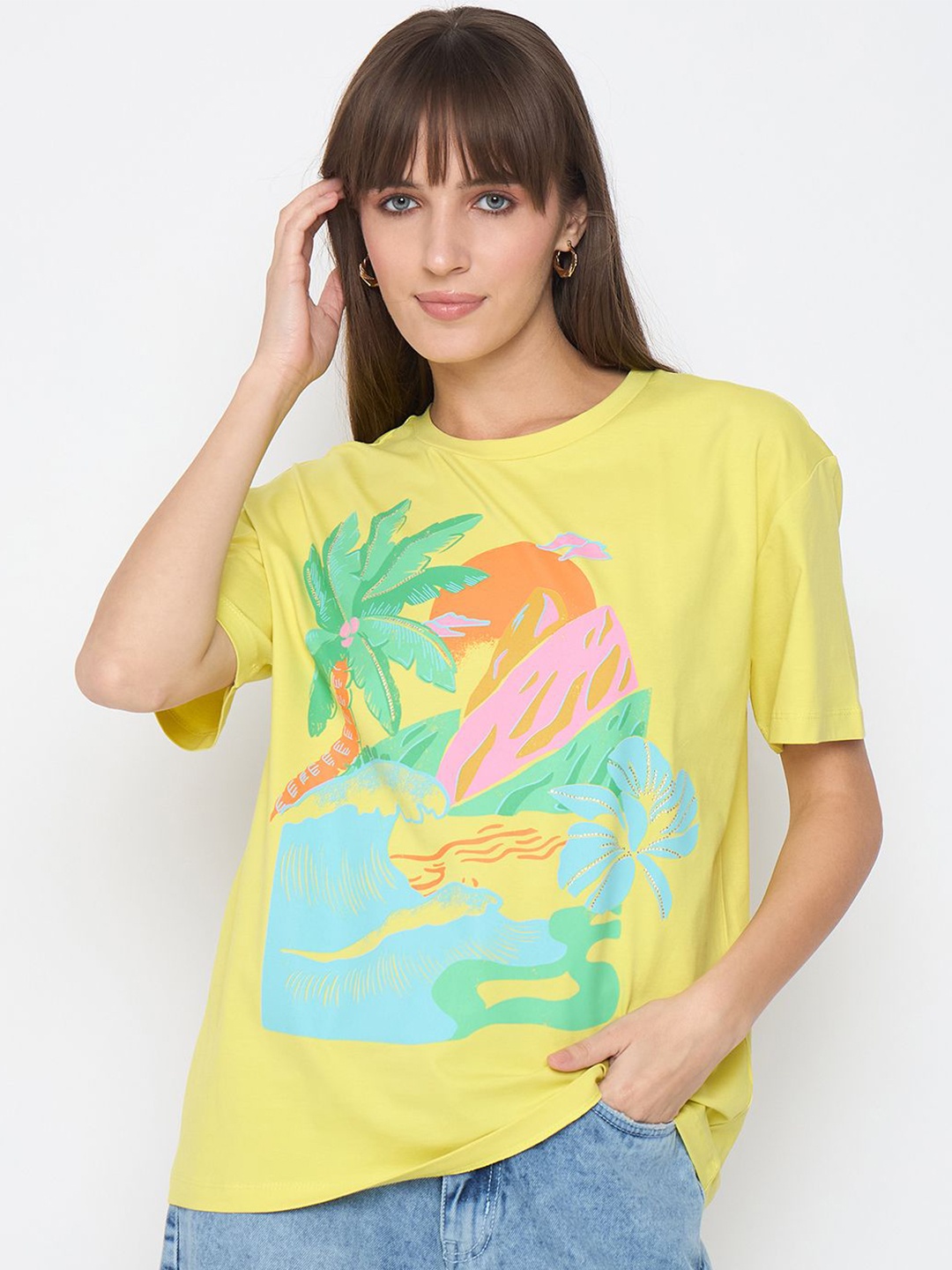 

Madame Women Graphic Printed Cotton Tshirts, Yellow
