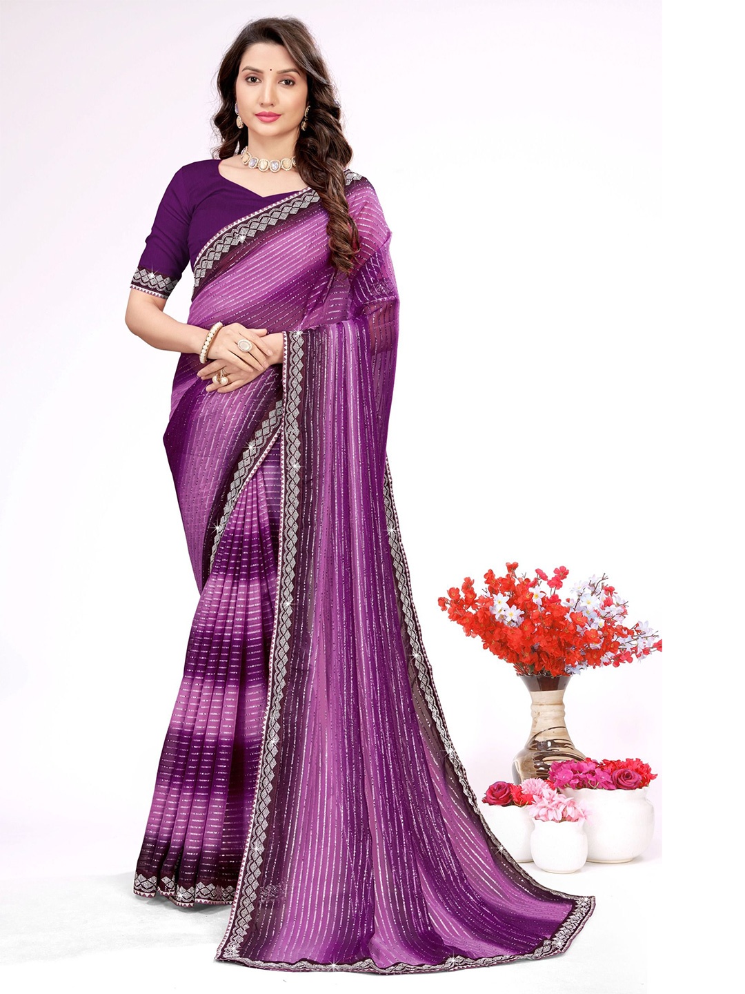 

KEERAT FASHION Embellished Beads and Stones Saree, Purple