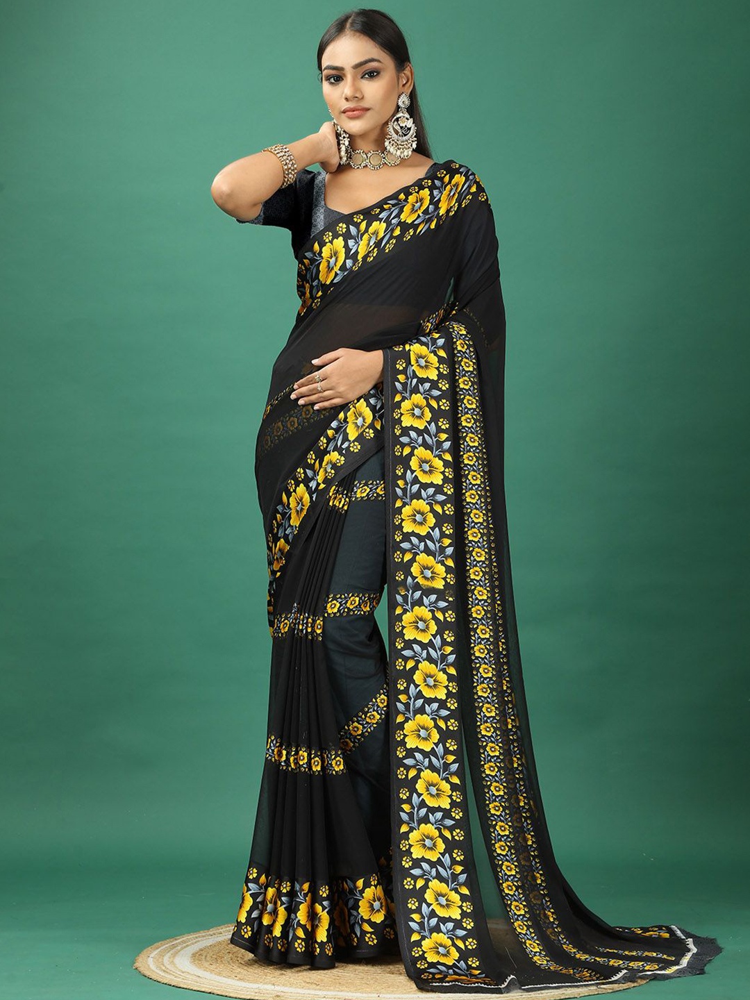 

VIRENDRA TEXTILES Floral Pure Georgette Saree, Yellow