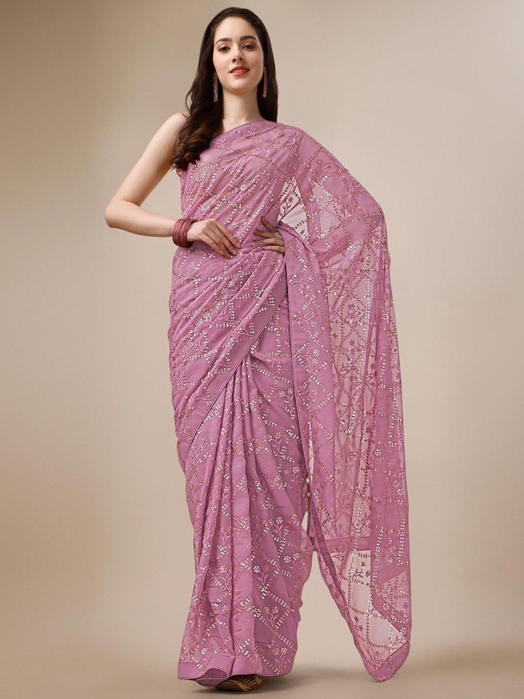 

THE52 Embellished Sequinned Pure Georgette Saree, Pink