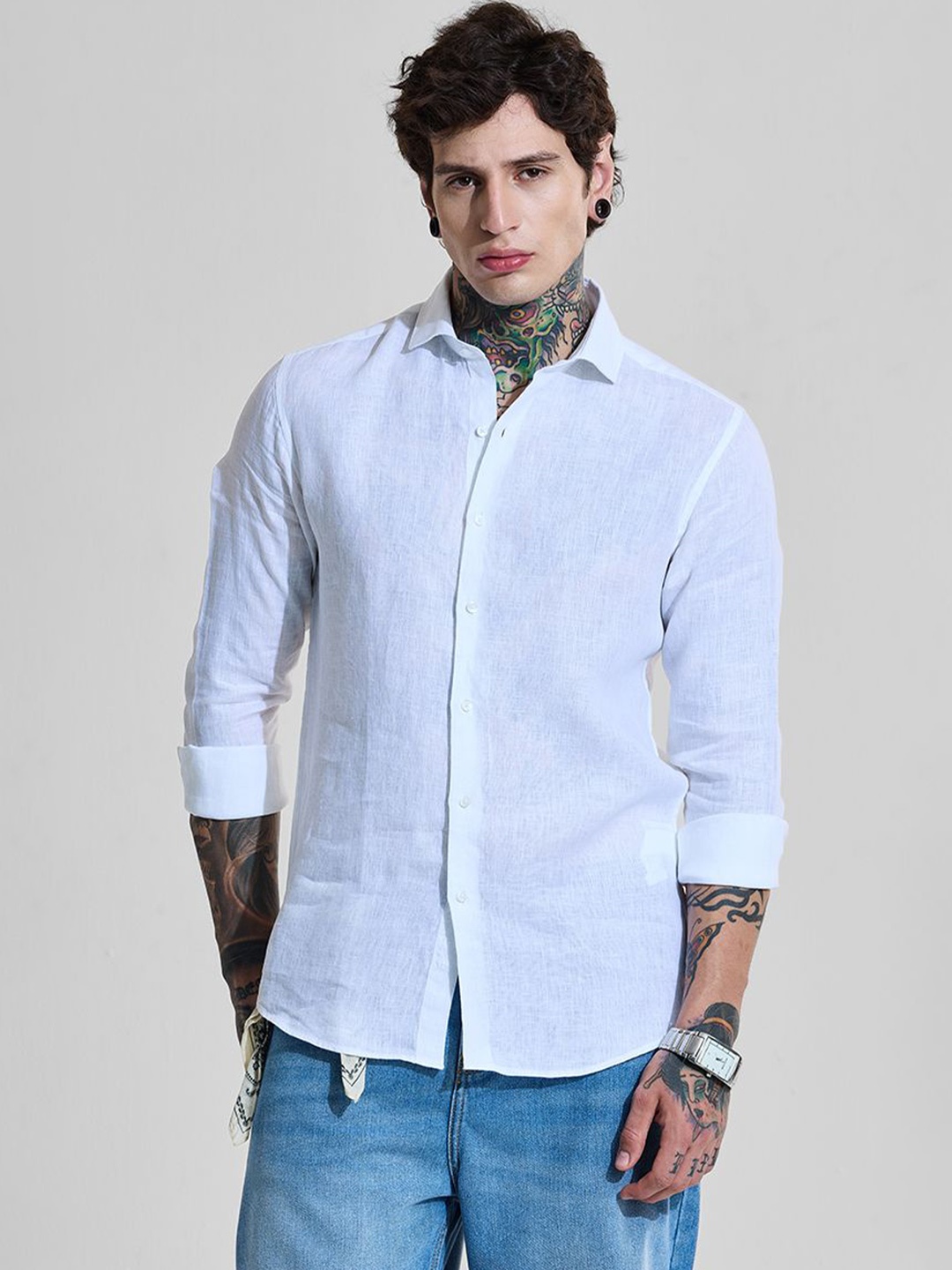 

Snitch Men Classic Slim Fit Spread Collar Solid Linen Casual Shirt, White
