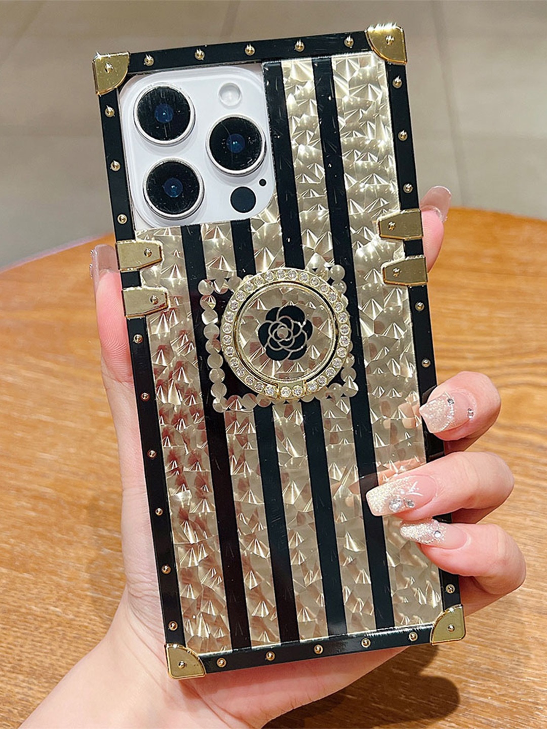 

Luxury Kase Floral Design & Ring Holder iPhone 15 Pro Max Back Case, Gold