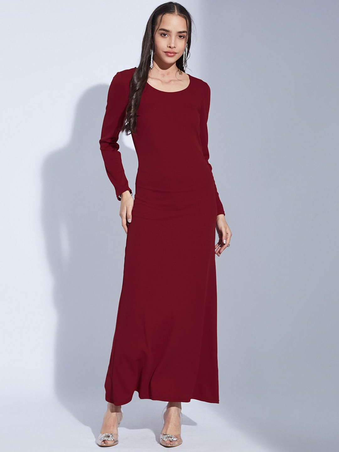 

Selvia Womens Round Neck Maxi Long Sleeves Ready to Wear Dress, Red